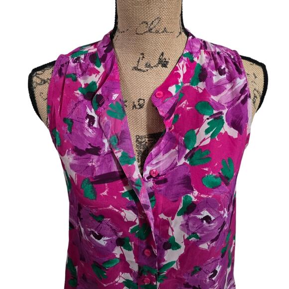 J. Crew Purple Roses and Pink Floral Button Down Tank Top Shirt Size 2 Xs - Picture 2 of 7